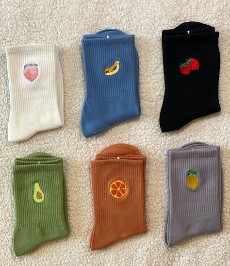 Funny Socks Outfit, Embroided Socks, Fun Socks Outfit, Embroidery On Socks, Sock Embroidery, Fruits Embroidery, Socks Embroidery, Dark Grey Suit, Fruit Clothing