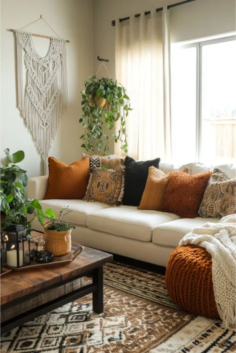 Use my guide to create an incredibly cozy and effortlessly chic boho living room. My collection of 30 boho ideas helps you craft that perfect balance. Discover how to use soft lighting, natural materials, and inviting furniture arrangements to create a space where everyone feels at home. I guide you through incorporating plants, textures, and colors that resonate with your style. Explore how you can make your living room the ultimate cozy retreat! RealEstateSpice.com #LivingRoomIdeas Boho Couch Ideas, Chic Boho Living Room, Bohemian Chic Living Room, Living Room Decor Boho, Bohemian Chic Home, Boho Ideas, Boho Sofa, Meditation Room Decor, Boho Living Room Decor