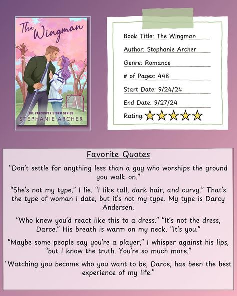 ARC Review The Wingman by Stephanie Archer 4.5/5 ⭐️ Darcy has recently ended her long term relationship and moved back to Vancouver. She is currently staying with Hayden, her best friend and Vancouver Storm’s star hockey player. Darcy is done with relationships. She’s only been with one guy and decides she wants to have fun. And she knows just the guy to teach her the ropes. Hayden has the reputation of being a player. He’s also had feelings for Darcy since they met in college. When she a... The Wingman Stephanie Archer, Done With Relationships, Stephanie Archer, Archer Quotes, Book Couples, Stars Hockey, Types Of Women, Hockey Player, She Knows