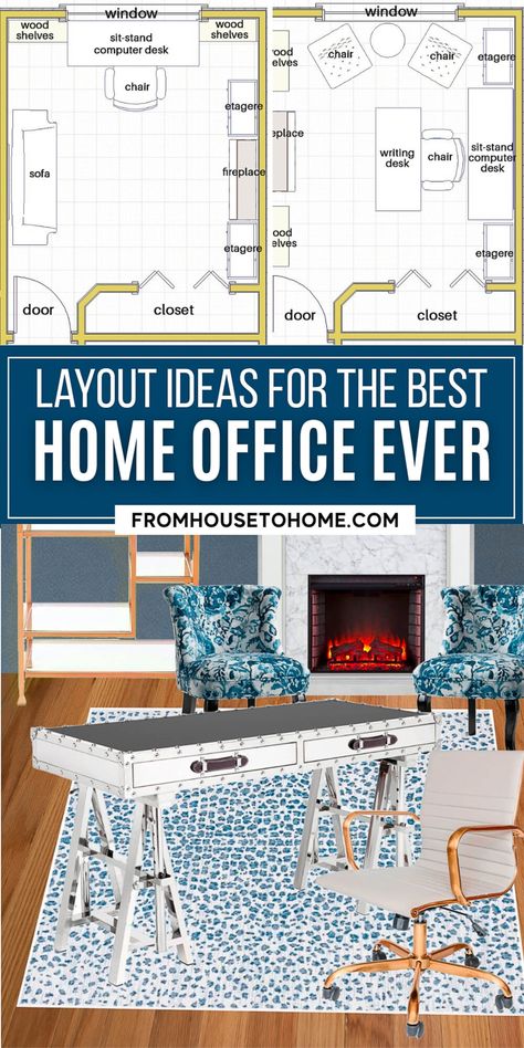 These home office layouts will show you how to arrange your desk and other furniture to create the best work from home floor plan. Home Office With Fireplace Layout, Rectangular Office Layout, 10x10 Office Layout, 2 Person Desk Home Office, Home Office Layout Ideas, Office Inspiration Workspaces, Office Layout Plan, Office Layouts, Blue Home Offices