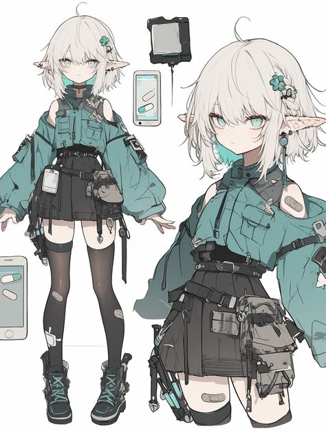 Vtuber Emotions, Monochromatic Character Design, Character Design Futuristic, Female Outfits Drawing, Scientist Oc, Character Design Anime, Robot Design Sketch, Skirt With Belt, Character Design Sketches