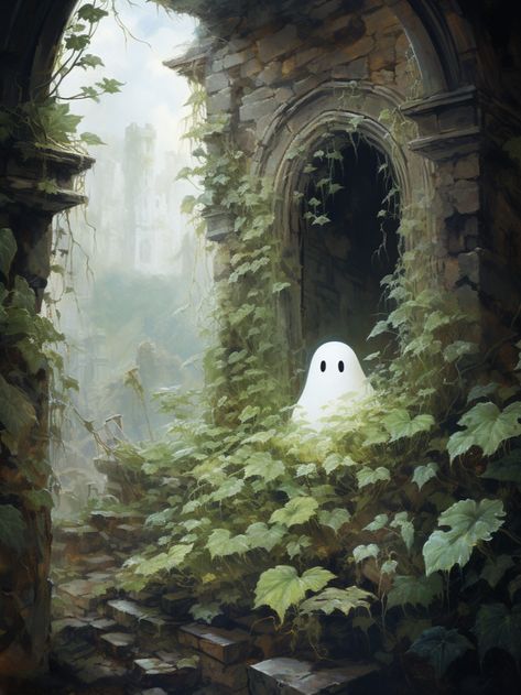 An oil painting of a cute little ghost standing in an abandoned castle. Ghost Art, Ghost Print, Cute Ghosts, Halloween Artwork, A Ghost, Vintage Victorian, Cute Ghost, Halloween Art, Spooky Season