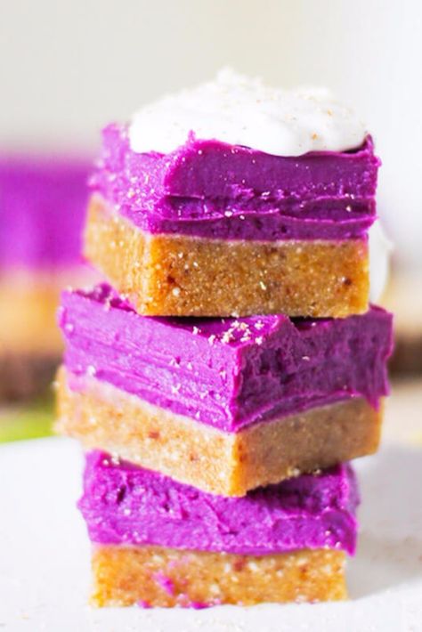 Ready to give your Instagram feed some gorgeous color and your friends an unforgettable dessert? Potato Vegan Recipes, Sweet Potato Recipes Vegan, Potato Recipes Vegan, Sweet Potato Pie Bars, Purple Sweet Potato Recipes, Purple Sweet Potato Pie, Purple Potato Recipes, Sweet Potato Vegan, Sweet Potato Dessert