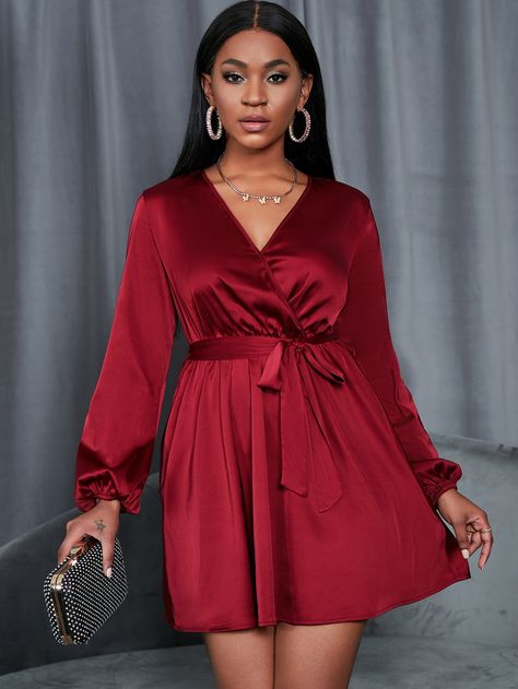 Burgundy Elegant  Long Sleeve Satin Plain A Line Embellished Non-Stretch Spring/Summer Women Dresses Short Dinner Gowns Classy For Plus Size, Satin Party Dress Long Sleeve, Satin Gown Designs With Sleeves, Evening Short Dresses Elegant, Simple Dinner Dress Evening Short, Dinner Dresses Classy Elegant Long Plus Size, Short Gown Dress Party Wear, Chic Satin Dress, Simple Dinner Dress Evening