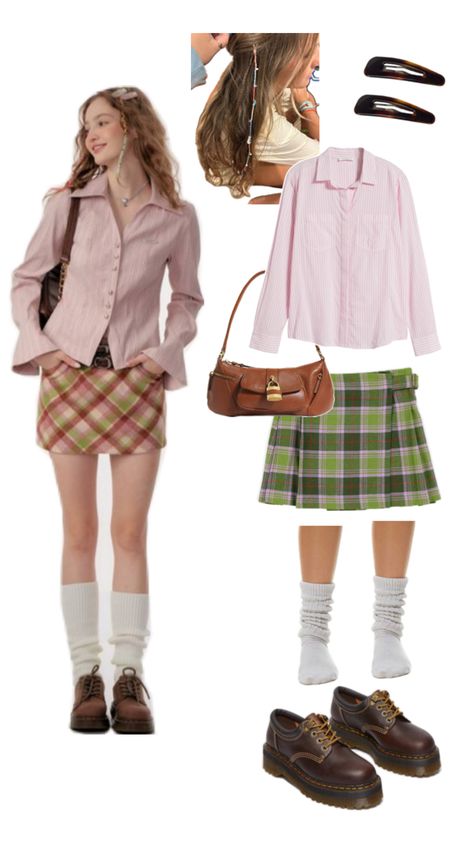 Pink outfit with skirt skirt outfit inspo Plaid Pink Skirt, Brown Plaid Skirt Outfit, Brown Doc Martens, Plaid Skirt Outfit, Classic Brown, Pinterest Outfits, Chic Outfit, Brown Plaid, Skirt Outfit