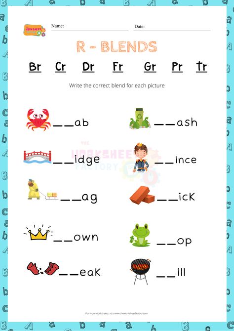 R-Blends – Writing – The Worksheet Factory R Blends Worksheets, Phonics Sounds Chart, Consonant Blends Worksheets, R Blends, Math Models, English Grammar For Kids, Blends Worksheets, Grammar For Kids, Worksheets Kindergarten