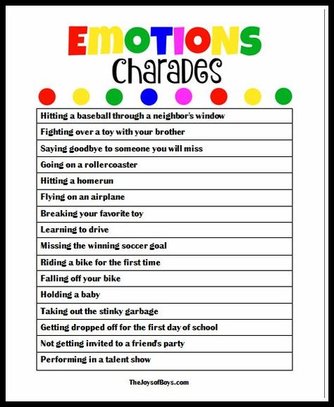 Emotions Charades with Inside Out - The Joys of Boys Emotions Charades, Feelings Activities, Emotions Activities, Social Skills Groups, Social Skills Activities, Therapy Games, Social Thinking, School Social Work, Therapeutic Activities