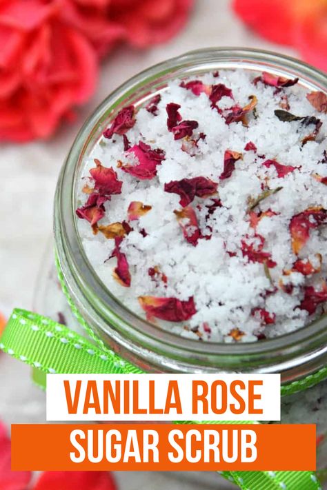 A Vanilla Rose Sugar Scrub recipe that smells amazing and leaves your skin feeling silky smooth. The perfect gift or self care item for yourself. Exfoliate with with this homemade sugar scrub. Rose Sugar Scrub, Homemade Sugar Scrub, Sugar Scrub Homemade, Sugar Scrub Recipe, Shower Rose, Shower Diy, Homemade Products, Free Printable Gift Tags, Bridal Shower Diy