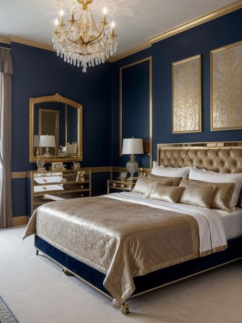 Elevate your bedroom with a royal blue accent wall, complementing it with luxurious gold accents and a plush velvet bedspread. Complete the look with sleek mirrored furniture and crystal chandeliers for a truly royal and glamorous atmosphere. Royal Blue Accent Wall, Royal Blue Bedrooms, Blue Accent Wall, Blue And Gold Bedroom, Royal Bedroom, Luxury Bedrooms, Blue Accent Walls, Bedroom Ambiance, Gold Living Room