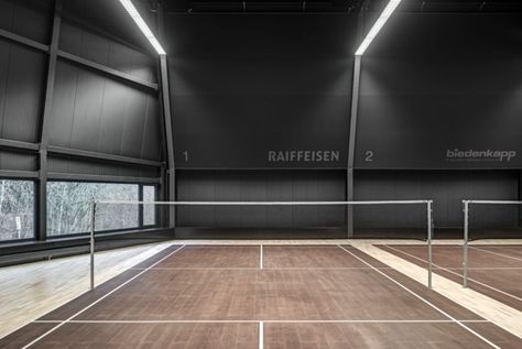 Indoor Tennis Court Design, Badminton Court Design, Indoor Pickleball Court, Indoor Badminton Court, Tennis Court Design, Indoor Sports Court, Badminton Club, Fitness Center Design, Sports Facility Architecture