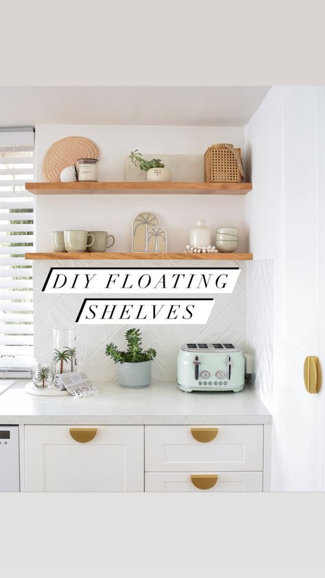 We loved making these floating shelves with pine planks from Bunnings. Come check it out! Diy Household Tips, Timber Kitchen, Timber Shelves, Floating Shelves Diy, Diy And Home Improvement, Home Reno, Kitchen Shelves, Diy Kit, Diy Storage