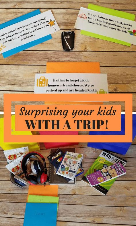 Planning a Surprise trip for your kids? Read about how we surprised our kids with a spring break trip and gave them clues along the way! Vacation Scavenger Hunt For Kids, How To Surprise Kids With A Trip, Surprise Trip Reveal Ideas Kids, Trip Reveal Scavenger Hunt, Trip Reveal Ideas, Surprise Vacation Reveal, Disney Trip Reveal, Roadtrip Tips, Vacation Board