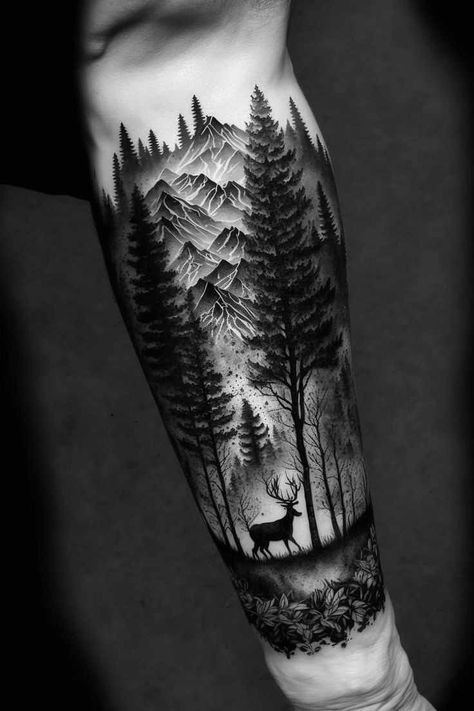 Mountain Sleeve Tattoo, Forest Tattoo Sleeve, Forest Forearm Tattoo, Discovery Quotes, Natur Tattoo Arm, Nature Sleeve, Outdoor Tattoo, Atlas Tattoo, Nature Tattoo Sleeve