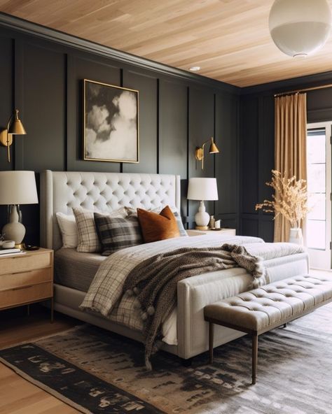 Sophisticated Primary Bedroom, Mountain Chic Interior Design, Dark Grey Bedding Ideas, Dark Grey Room, Dark Grey Bedroom Ideas, Tufted Headboard Bedroom, Modern Glam Bedroom, Moody Bedroom Ideas, Bedroom Inspirations Master