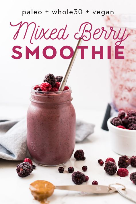 This mixed berry smoothie recipe is my go-to for an easy healthy snack or breakfast. Filled with delicious berries, spinach, fiber-rich chia seeds, and almond butter to keep you feeling great! Made without yogurt or banana. Vegan and dairy free too! #healthyberrysmoothie #chiaseeds #easyberrysmoothie Berry Almond Butter Smoothie, Berry Smoothie Without Banana, Vegan Berry Smoothie, Healthy Vegan Smoothies, Mixed Berry Smoothie Without Yogurt, Healthy Soomthies, Whole 30 Smoothies, Paleo Smoothies, Berry Smoothies