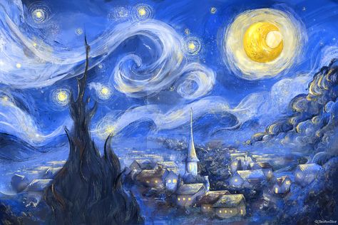 The Starry Night, Wallpaper Images, Ipad Wallpaper, The Moon, Starry Night, Ipad, Deviantart, Moon, Illustrations