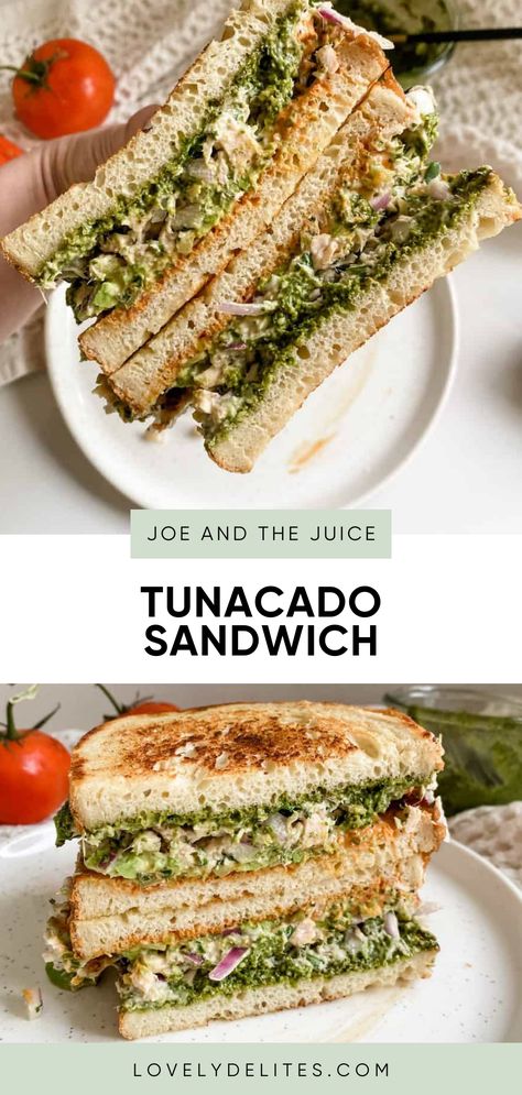 This Joe & the Juice Tunacado Sandwich filled with tuna and jam packed with flavor from the herby pesto to the spicy mayo. This tuna and avocado sandwich is the perfect working from home lunch recipe. If you want a spicy tunacado sandwich, add on my homemade spicy aioli. Tuna Cucumber Sandwich, Tuna Cado Sandwich, Wickles Spicy Red Sandwich Spread Recipe, Spicy Tunacado Sandwich, Tunacado Recipe, Tuna Sandwich Recipes Healthy, Work From Home Lunch Ideas, Tunacado Sandwich, Tuna Avocado Sandwich