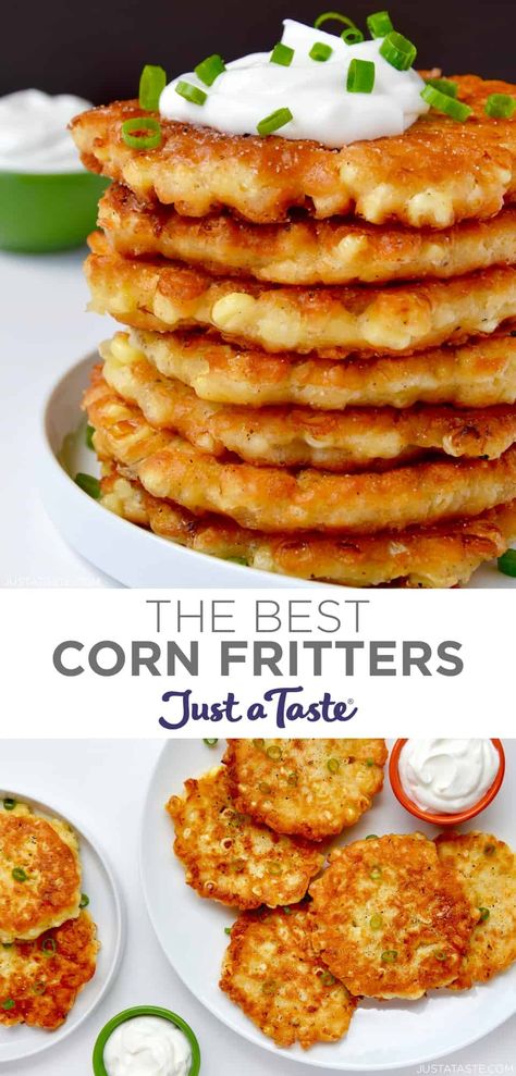 This Corn Fritters recipe can be made with fresh, frozen, canned or creamed corn for the ultimate crispy snack 365 days a year! For a tasty twist, load up the fritters with your choice of cheese (and perhaps a little bacon?!). #cornfritters #fritters #cornfrittersrecipe #justatasterecipes Corn Fritters Recipe With Cornmeal, Esquites Fritters, Cream Corn Fritters Recipe Easy, Amish Onion Fritters Recipe, Jiffy Mix Corn Fritters Easy, Creamed Corn Fritters Recipe, Recipes Using Corn, Cream Corn Fritters, Cornmeal Fritters