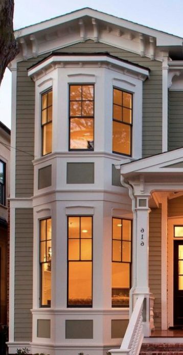 two-story bay window set into a cross gable Modern Bow Window Exterior, Two Story Bay Window, Double Bay Fronted House, Victorian Bay Window Exterior, Two Story Bay Window Exterior, Modern Bay Window Exterior, Exterior Bay Window Ideas, Victorian Homes Modern, Bay Window Exterior Ideas