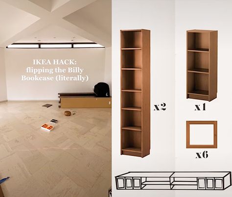 Ikea Media Console, Media Console Diy, Billy Bookcase With Doors, Billy Hack, Floating Media Console, Ikea Billy Hack, Bookcase Hack, Billy Bookcases, Billy Bookcase Hack