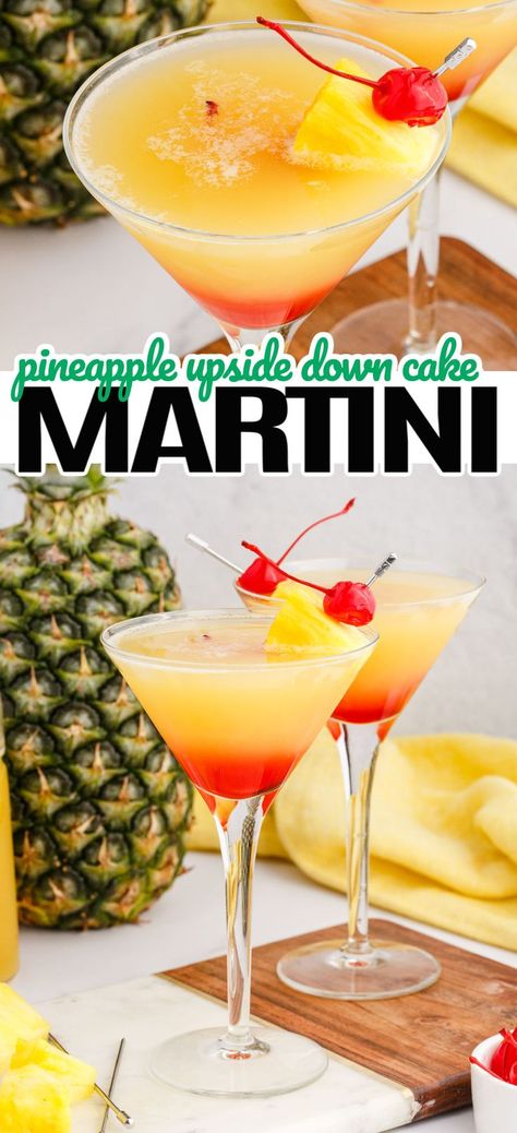 Pineapple Upside Down Shots Recipes, Upside Down Cocktail, Pineapple Upside Down Cake Cocktail, Pineapple Upside Down Drink Cocktails, Pineapple Upside Down Cake Martini, Pineapple Upside Down Drink, Hawaiian Martini, Pineapple Upside Down Martini Recipe, Upside Down Pineapple Martini