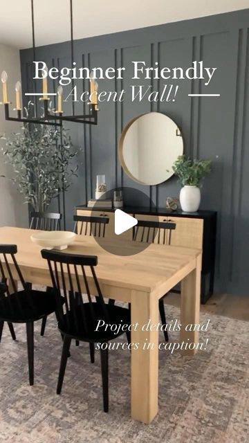 Melissa | DIY and Decor| on Instagram: "✨LIKE & SAVE✨Double Stripe Accent Wall✨

Materials:
- 1x2 primed MDF
- 1x4 primed MDF
- 1x6” primed MDF for top and base
- 1 1/2” 18g brad nails
- caulk 
NO GLUE

Spacing depends on your wall, but I have each 1x4 spaced 15” apart and then the 1x2s are 2” off each 1x4.

Top board is a 1x6” primed MDF board.

ALWAYS caulk where boards meet wall for a professional look!

Paint color is @hgtvhomebysherwinwilliams Sweeping Rock. This is a @loweshomeimprovement exclusive color. The light/white paint color is @sherwinwilliams City Loft

Light is @progressltg 
Table is no longer sold, but a similar one is available at @westelm 
Chairs are from @homedepot 
Rug is @loloirugs 
Buffet is @studiomcgee for @target with custom legs added
Mirror is @target 

#dining Dining Room Color Scheme Ideas, Striped Accent Walls, Dining Room Colour Schemes, White Paint Color, City Loft, Loft Light, Loft Lighting, Dining Room Colors, Brad Nails