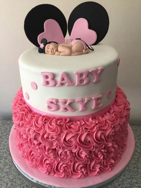 Mickey And Minnie Gender Reveal Cake, Minnie Mouse Baby Shower Cake, Purple Minnie Mouse Cake, Miki Mouse Cake Girl, Light Pink Minnie Mouse Cake, Pink Baby Shower Cake, Minnie Mouse Baby, Pastel Baby Shower, Minnie Mouse Baby Shower