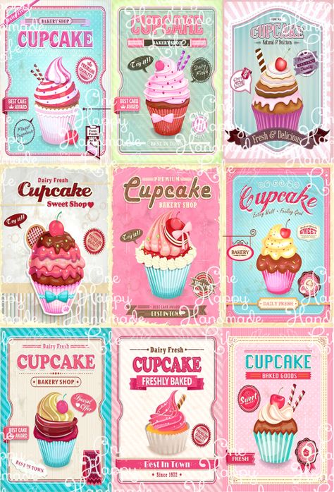 Cupcake Graphic Design, Cupcake Drawing Aesthetic, Cupcake Letters, Retro Cupcakes, Cupcake Background, Cupcake Image, Cupcake Poster, 50s Wallpaper, Cupcake Stickers