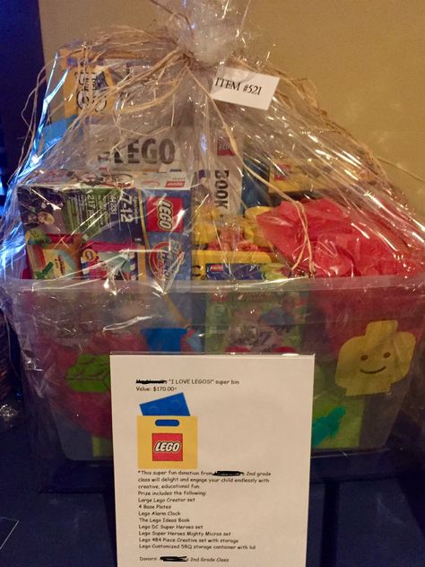 I love legos auction basket. Sold $190. 3-9-18 Lego Auction Basket Ideas, Lego Raffle Basket Ideas, Lego Gift Basket Ideas, Lego Basket Ideas, Lego Gift Basket, Family Movie Night Basket, Class Ornaments, Bingo Prize Ideas, Lottery Ticket Gift