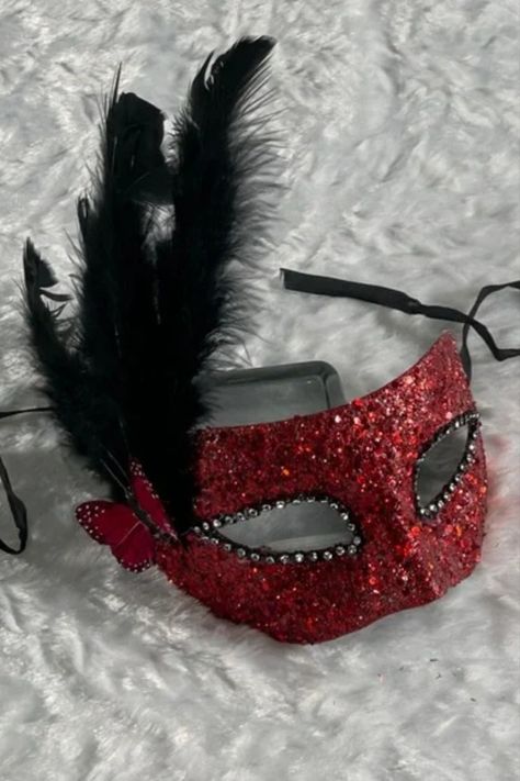 Custom Red Glitter & Black Feathers Masquerade Mask has a Solid Pre-formed base, is Embellished with Feathers, Rhinestone & Glitter, Perfect for Halloween and Masquerade Ball, and Dressy & Elegant Aesthetic Masquerade Mask Red And Black Masks Masquerade Ball, Aesthetic Masquerade, Red And Black Masquerade Mask, Black Mask Masquerade, Masquerade Mask Aesthetic, Red Masquerade Mask, Homecoming 2024, Black Masquerade