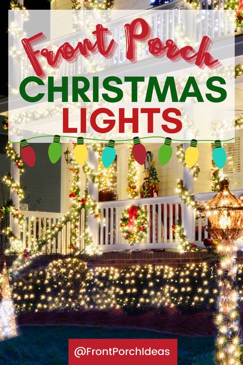 Are you ready to light up your front porch this holiday season? These front porch Christmas light ideas are sure to be a hit in the neighborhood. Get inspired and brighten up your front porch for the holidays! Farmhouse Christmas Lights Exterior Porch, Hanging Christmas Lights On Front Porch, Small Front Porch Christmas Lights, Outdoor Porch Christmas Lights, Christmas Light Porch Ideas, Deck Decorating Christmas, Red Outdoor Christmas Lights, Porches Decorated For Christmas, Large Front Porch Christmas Decor