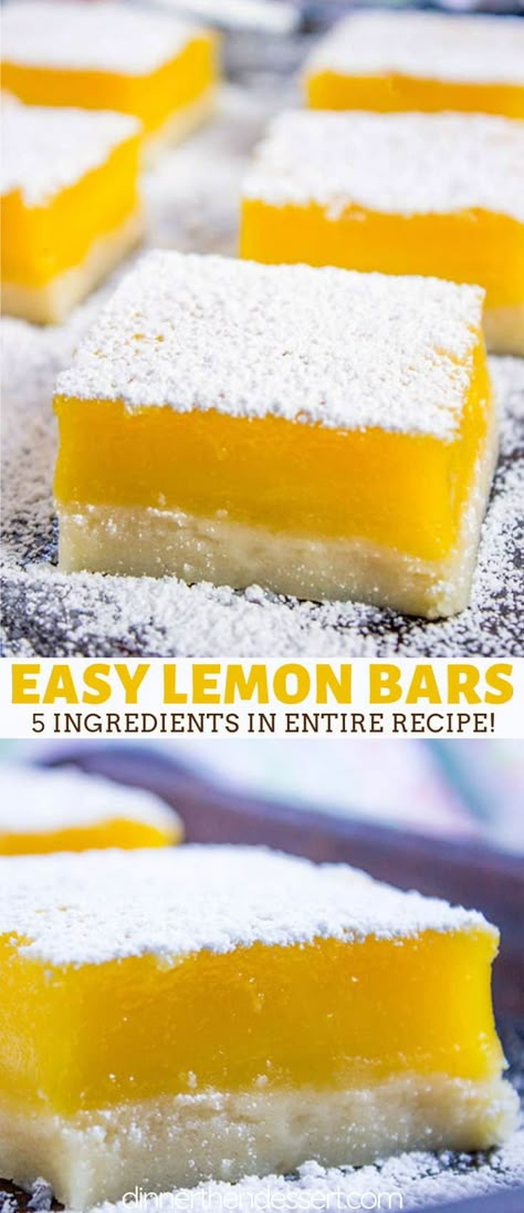 Easy Lemon Bars have a buttery shortbread crust, a tangy lemon curd filling and just 5 ingredients in the whole bakery worthy recipe! #lemon #lemonbars #lemonsquares #dessert #brownies #bakedgoods #spring #dinnerthendessert Easy Lemon Bars, Lemon Bars Easy, Snack Mixes, Lemon Bars Recipe, Lemon Squares, Small Cakes, Lemon Dessert Recipes, Oreo Dessert, Cookie Cups