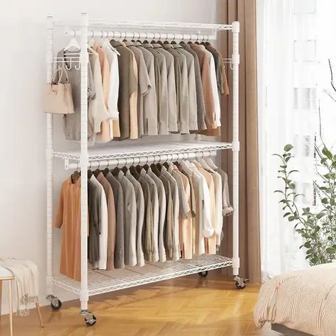 Heavy Duty Garment Rack on Wheels, Rolling Wardrobe Rack with Double Hanging Rods for Hanging Clothes - Bed Bath & Beyond - 40292902 Double Hanging Closet Rod, Rolling Clothes Rack, College Bedroom, Clothing Racks, Clothes Racks, Garment Rack, Hanging Bar, Garage Storage Cabinets, Storage Closet Organization