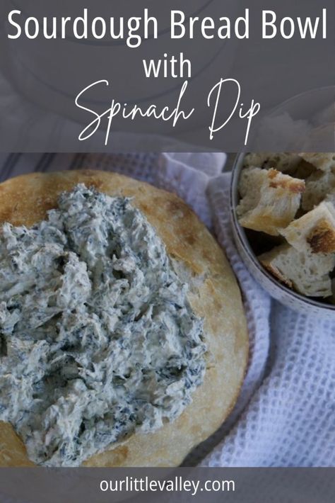 Sourdough Bread Bowl Dip, Sourdough Bread Dip, Simple Spinach Dip, Sourdough Bread Bowl Recipe, Spinach Dip Appetizers, Overnight Sourdough Bread Recipe, Spinach Dip Bread Bowl, Bread Bowl Dip, Super Easy Appetizers