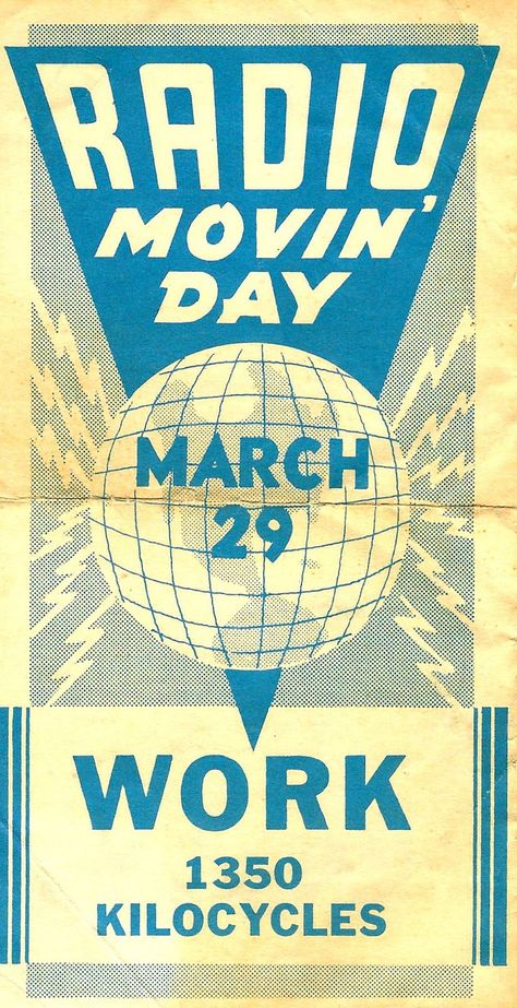 https://flic.kr/p/21ok9nP | Vintage Flyer From Radio Station WORK For Radio Movin' Day, March 29, 1941 | Radio Moving Day resulted from the North American Radio Broadcasting Agreement, negotiated by the United States, Canada and Mexico.The pact extended the AM broadcast band from 1500 kHz to 1600 kHz The reordering shifted most existing AM stations' frequencies in order to create bandwidth for new clear-channel station allocations. 70s Radio Station, Radio Station Aesthetic, Vintage Radio Station, Broadcast Band, Hope Aesthetic, Vintage Flyer, Radio Broadcasting, Radio Advertising, Old School Radio