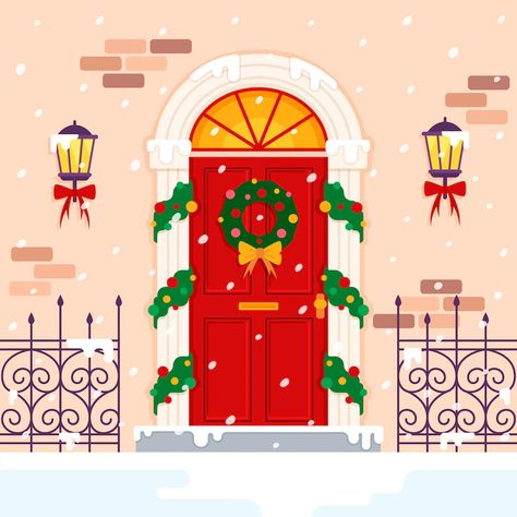 Christmas Front Door Illustration, Christmas Door Drawing, Christmas Flat Illustration, Christmas Door Illustration, Christmas House Drawing, Christmas House Illustration, Front Door Illustration, Christmas Illustration Art, Christmas Tree Outside