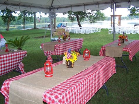 Wedding - Lakeside - July 4th - Rustic -   Red Check Tablecloths with Burlap Runners - Red Lanterns and Sunflower Centerpiece with Flag Country Party Decorations, Country Themed Party, Country Chic Party, Country Western Parties, Party Decorating Ideas, Country Themed Parties, Party Ideas For Adults, Wild West Birthday, Themed Party Ideas