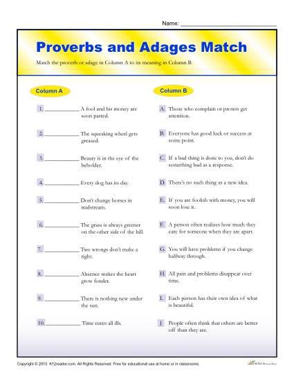 Free, printable worksheet where students match the proverb or adage to its meaning. Great for 4th and 5th grade. Click here! Proverbs For Kids, Adages And Proverbs, Match Worksheet, 5th Grade Worksheets, Idioms And Proverbs, Homeschooling Activities, Bible Worksheets, 5th Grade Ela, 4th Grade Ela