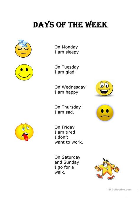 days of the week - English ESL Worksheets for distance learning and physical classrooms Daycare Songs, Days Of The Week Worksheet, Basic English For Kids, Days Of The Week Activities, English Primary School, English Day, Fall Lesson Plans, Poems In English, Teach English To Kids