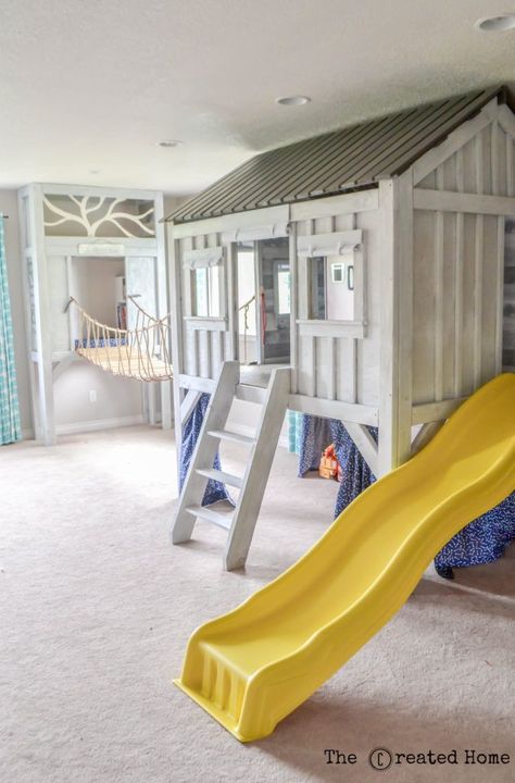 The Created Home Cabin Playroom With Rope Bridge And Climbing Wall Cabin Playroom, Bedroom Design For Boys, Cabin Playhouse, Playhouse Ideas, Indoor Playroom, Rope Bridge, Diy Cabin, Indoor Playhouse, Restoration Hardware Inspired