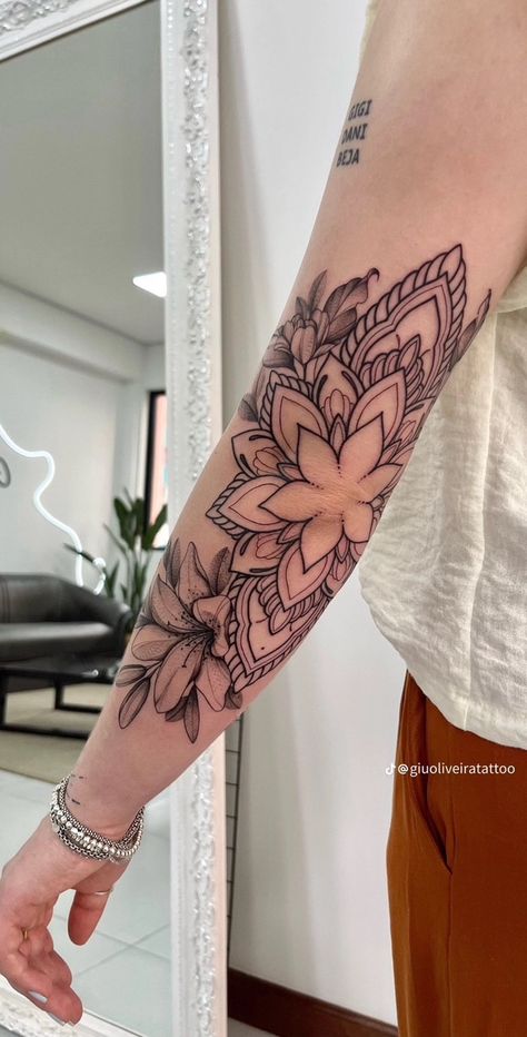 Back Of Arm Mandala Tattoo, Bohemian Arm Tattoo, Tattoo Sleeve Connection Ideas, Random Tattoos On Arm, Tattoos To Go Around Other Tattoos, Big Patchwork Tattoo Sleeve, Forearm Tattoo Women Wrap Around, Inside Arm Tattoos For Women Sleeve, Female Tattoos Unique Arm