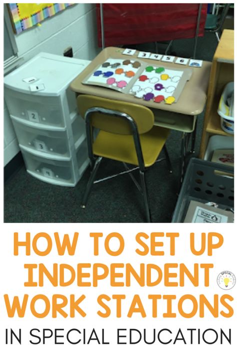 How to set up independent work stations in your self-contained special education classroom #specialeducation #selfcontained #SPED Special Education Classroom Organization, Special Education Classroom Setup, Elementary Special Education Classroom, Independent Work Stations, Kindergarten Special Education, Sped Classroom, Life Skills Classroom, Self Contained Classroom, Work System