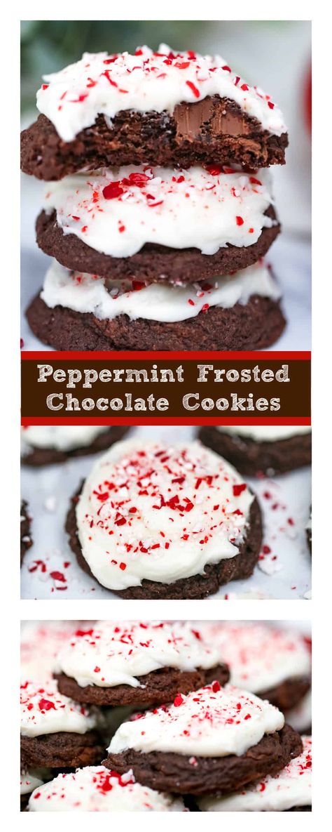 Peppermint Frosted Chocolate Cookies are the ideal cookies for the holiday season!  So yummy! These soft, fudgy double chocolate cookies are loaded with chocolate chips and frosted with a delicious creamy peppermint frosting and lots of peppermint crunch on top! #cookies #chocolatecookies #peppermintcookies #peppermintfrosting #cookieswithpeppermint #chocolatepeppermintcookies Peppermint Christmas Cookies, Hot Chocolate Cookie Recipes, Soft Batch Cookies, Peppermint Frosting, Chocolate Chip Frosting, Peppermint Crunch, Mint Frosting, Mocha Cookies, Chocolate Peppermint Cookies