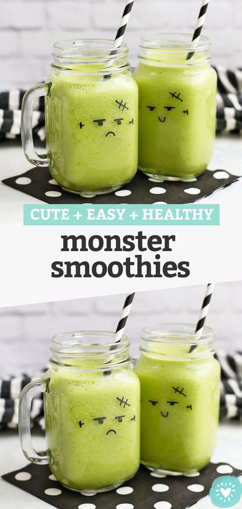 Halloween Monster Smoothies - Learn how to use a marker to make adorable monster smoothies on your smoothie cups. The perfect Halloween breakfast or healthy Hallowen snack! // Halloween ideas for kids // green monster smoothie // halloween party food #halloween #fallrecipe #halloweensnack #healthysnack Halloween Smoothies, Party Food Halloween, Halloween Ideas For Kids, Monster Snacks, Snack Halloween, Green Monster Smoothie, Smoothie Cups, Healthy Halloween Food, Monster Food