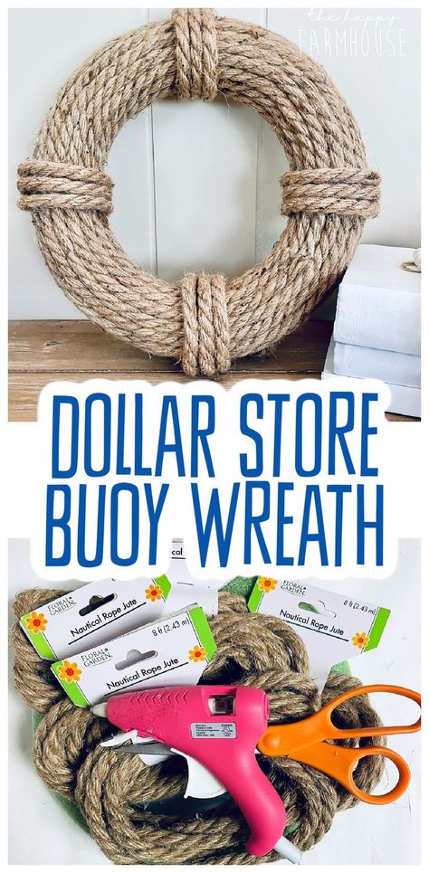 Dollar Tree Nautical Buoy Wreath- summer beach house or lake house decor. DIY art project using a wreath from dollar store. Nautical rope and glue! Easy dollar tree summer craft. Nautical Rope Decor, Nautical Decor Diy, Diy Farmhouse Ideas, Beach Themed Crafts, Diy Beach Decor, Nautical Diy, Nautical Crafts, Rope Decor, Lake Decor