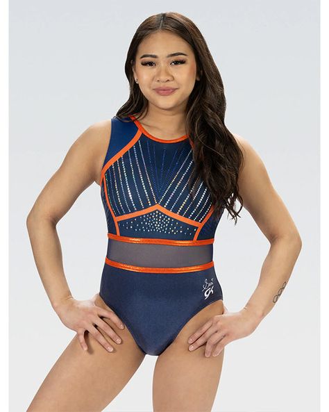 Elite Suni Lee Jewelled Gymnastic Tank Leotard - E4855 Womens - Navy and Sunshine Print Workout Leotard, Gymnastics Leotards Gk, Gymnastics Practice, Boys Gymnastics, Sport Fits, Flamenco Shoes, Sunshine Print, Gymnastics Hair, Gk Elite