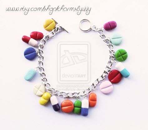 Kitsch Colourful Pill Polymer Clay Charm Bracelet by ~CharmsByIzzy on deviantART Polymer Clay Bracelet Ideas, Clay Charm Bracelet, Polymer Clay Charm Bracelet, Nurse Ratched, Earring Inspo, Clay Diy Projects, Clay Crafts Air Dry, Clay Ornaments, Cute Clay