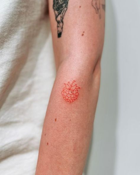 Dainty Raspberry Tattoo, Simple Raspberry Tattoo, Raspberry Fine Line Tattoo, Fine Line Berry Tattoo, Red Raspberry Tattoo, Fruit Line Tattoo, Raspberry Stamp Tattoo, Rasberry Tattoos Simple, Red Ink Fine Line Tattoo