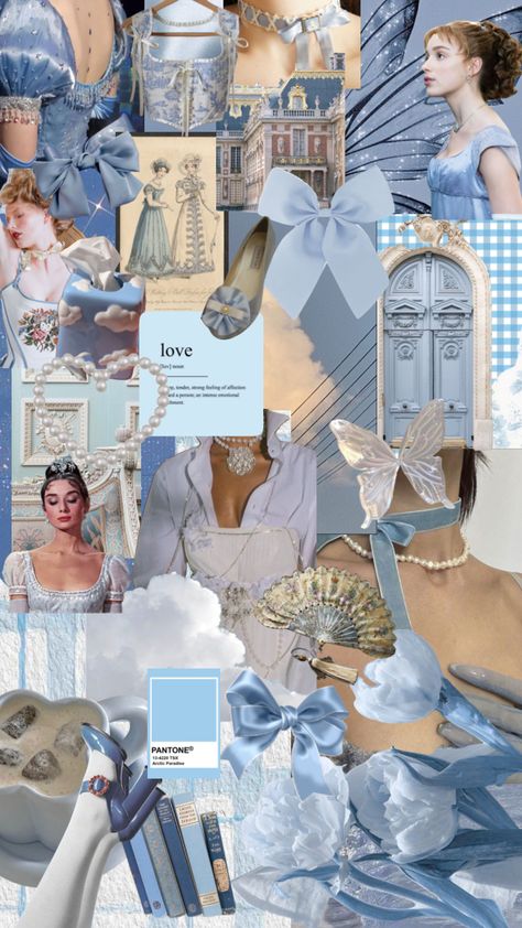 Bridgerton Blue Room, Blue Regency Aesthetic, Blue Bridgerton Aesthetic, Sky Blue And White Aesthetic, Something Blue Aesthetic, Sky Blue Mood Board, Bridgerton Inspired Wallpaper, Bridgerton Aesthetic Decor, Bridgerton Blue Aesthetic