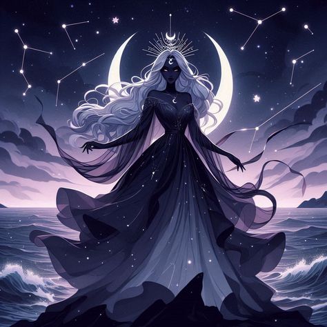 Image Creator Moon Magic Aesthetic, Sympathetic Villain, Dark Moon Goddess, Nyx Goddess, Moon Goddess Art, Aho Girl, Moon God, Star Goddess, Gothic Fantasy Art